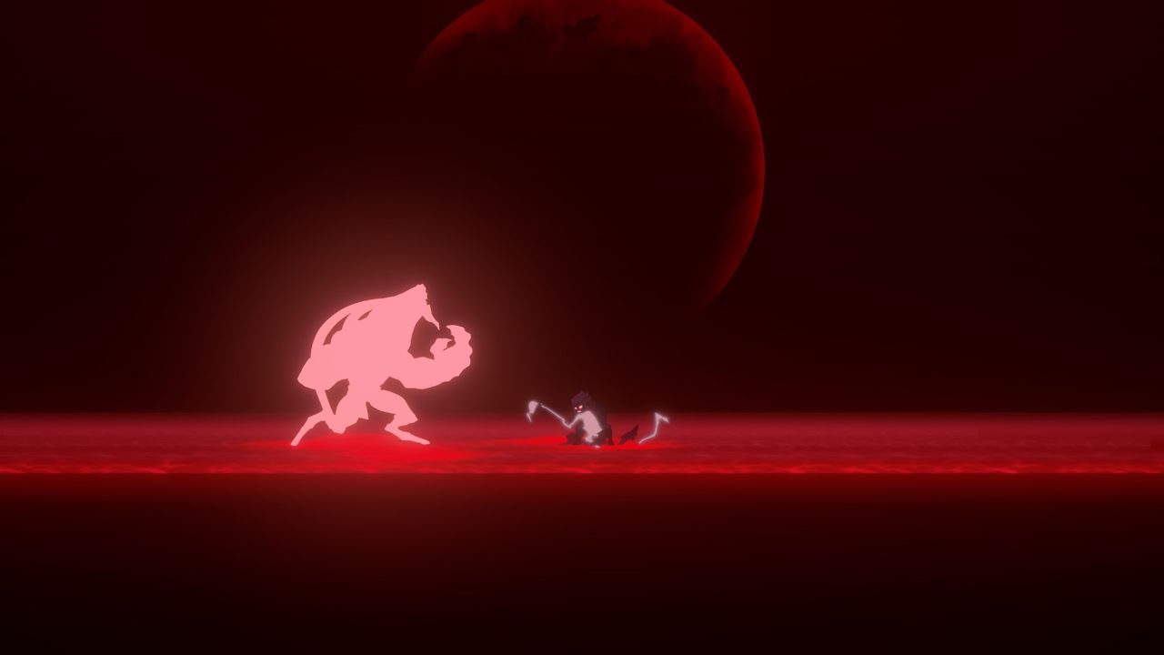 Blood-moon arena, player kneeling vs a glowing brute — Steam community screenshot by PamKada